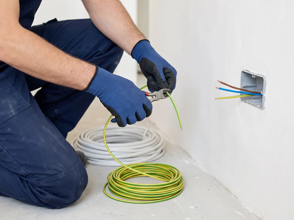 Elektriker längt einen Schutzleiter ab, im Hintergrund eine vorbereitete Unterputzdose